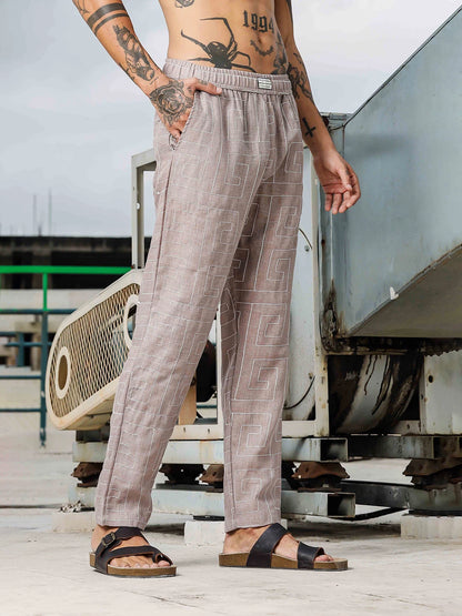 House Of Koala Beige Linen Blend Embroidered Relaxed Fit All Day Pants