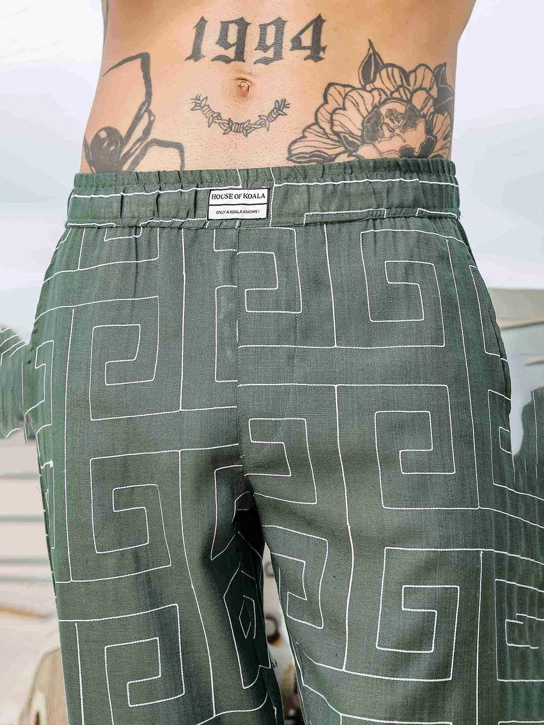 House Of Koala Olive Linen Blend Embroidered Relaxed Fit All Day Pants