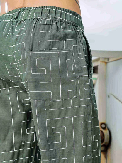 House Of Koala Olive Linen Blend Embroidered Relaxed Fit All Day Pants
