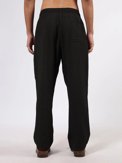 House Of Koala Black Solid Premium Viscose Mid-Rise All Day Relaxed Fit Pants