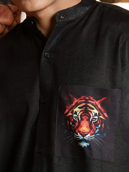 House Of Koala Black Linen Blend Mandarin Collar Relaxed Fit Shirt with Applique Pocket