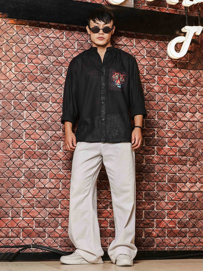 House Of Koala Black Linen Blend Mandarin Collar Relaxed Fit Shirt with Applique Pocket