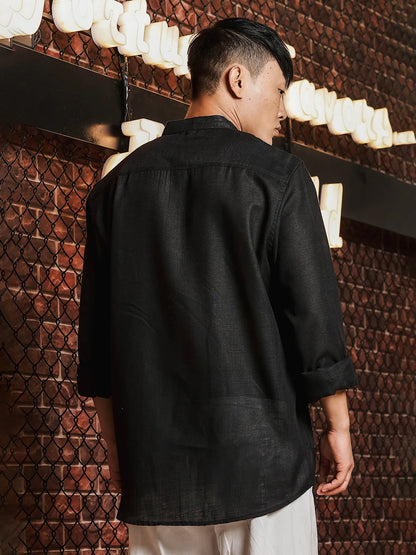 House Of Koala Black Linen Blend Mandarin Collar Relaxed Fit Shirt with Applique Pocket