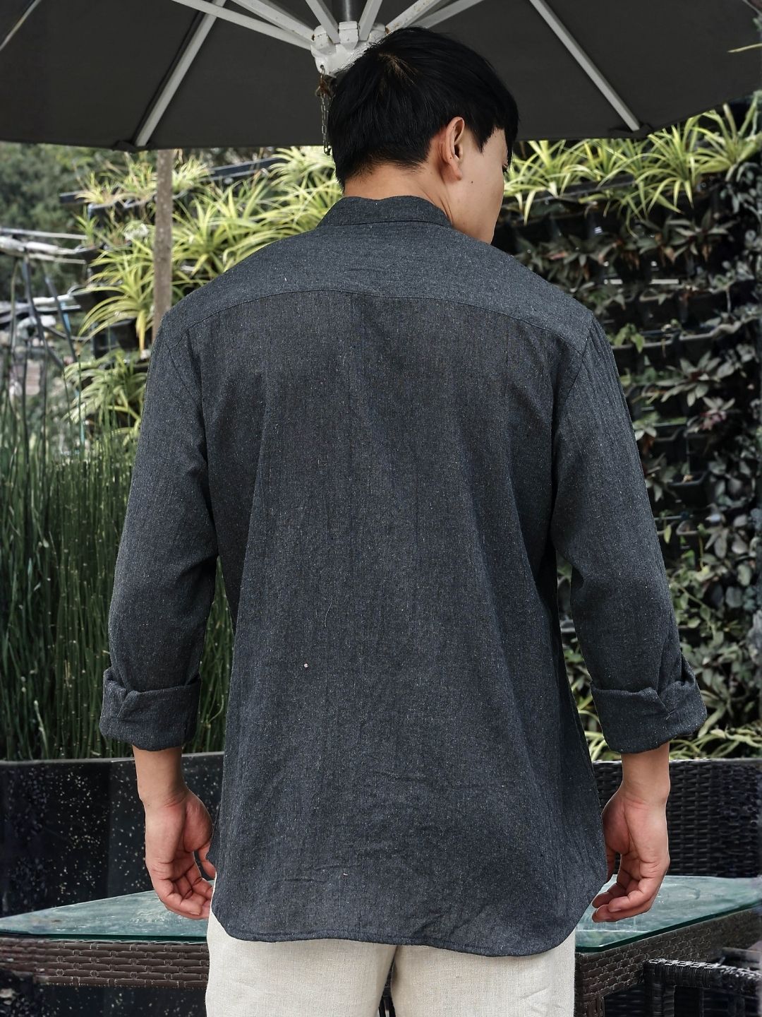 House Of Koala Charcoal Black Mandarin Collar Relaxed Fit Linen Blend Shirt