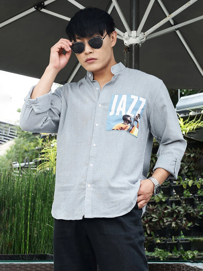 House Of Koala Blue Linen Blend Mandarin Collar Relaxed Fit Shirt