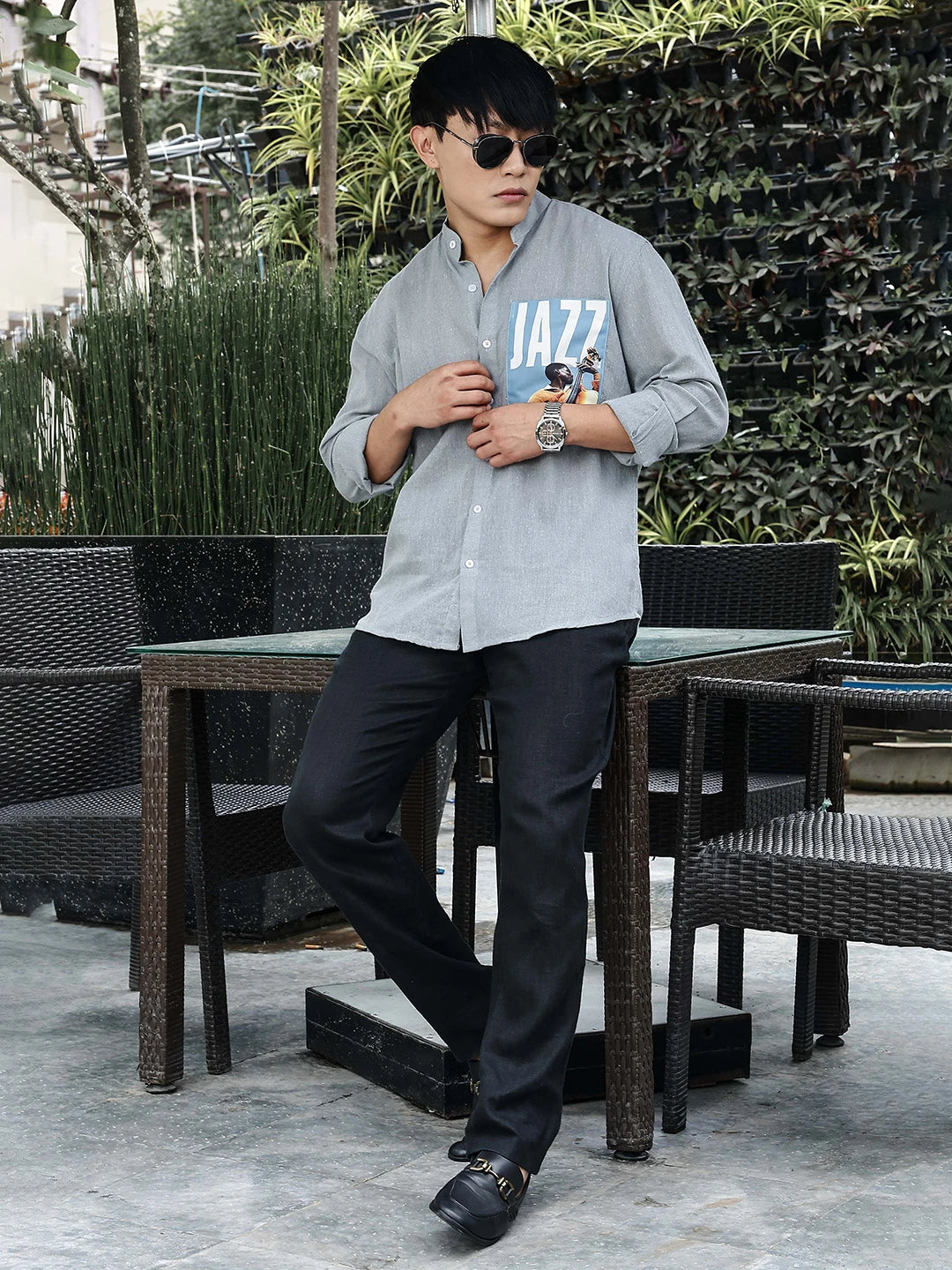 House Of Koala Blue Linen Blend Mandarin Collar Relaxed Fit Shirt