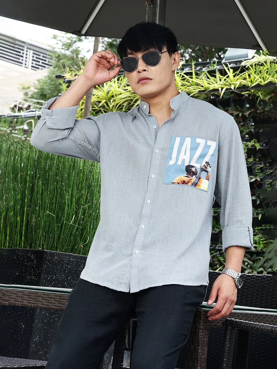 House Of Koala Blue Linen Blend Mandarin Collar Relaxed Fit Shirt
