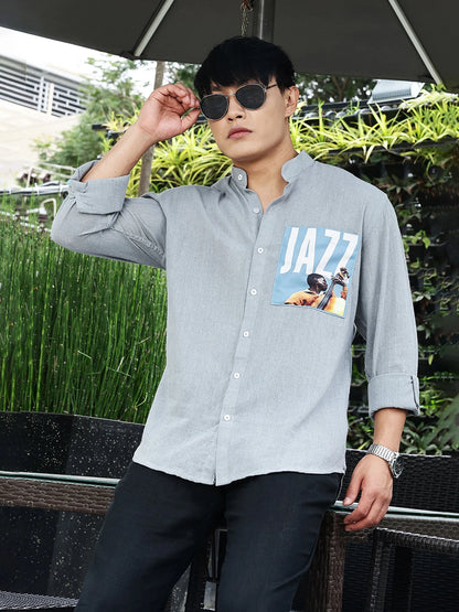 House Of Koala Blue Linen Blend Mandarin Collar Relaxed Fit Shirt