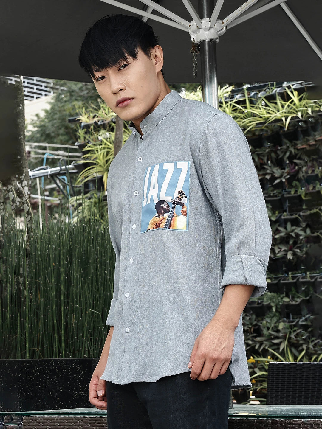 House Of Koala Blue Linen Blend Mandarin Collar Relaxed Fit Shirt