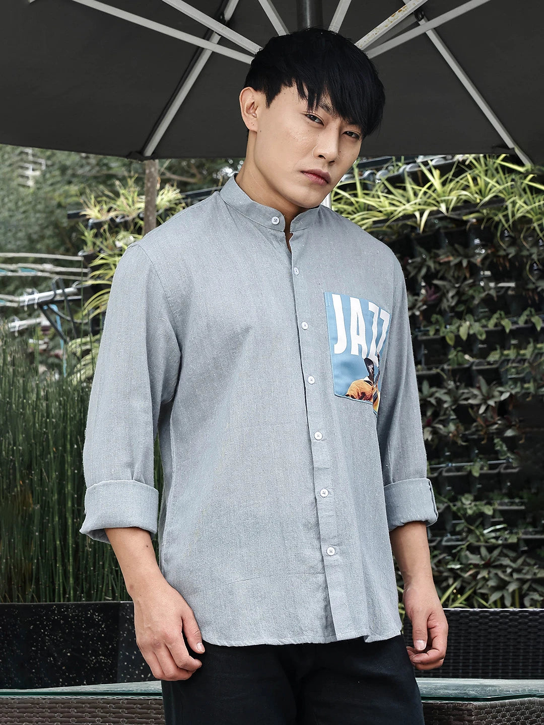 House Of Koala Blue Linen Blend Mandarin Collar Relaxed Fit Shirt