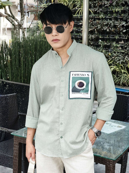 House Of Koala Khadi Blend Olive Green Mandarin Collar Relaxed Fit Shirt