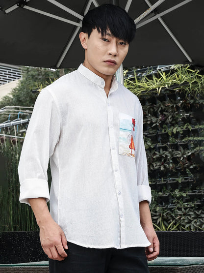 House Of Koala Khadi Blend White Mandarin Collar Relaxed Fit Shirt
