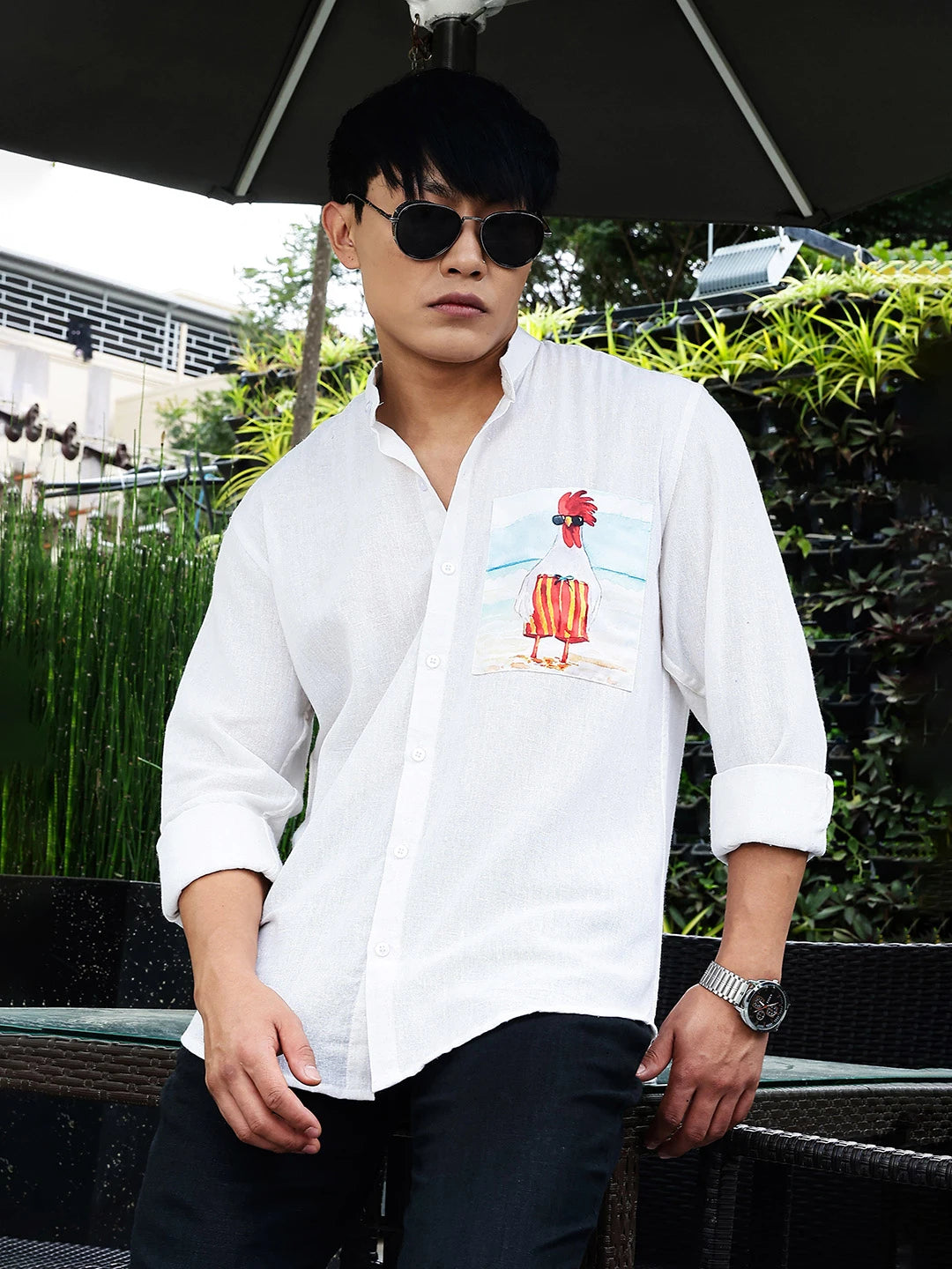 House Of Koala Khadi Blend White Mandarin Collar Relaxed Fit Shirt