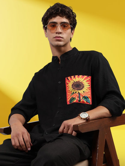 House Of Koala Black Mandarin Collar Premium Relaxed Fit Viscose Resort Shirt