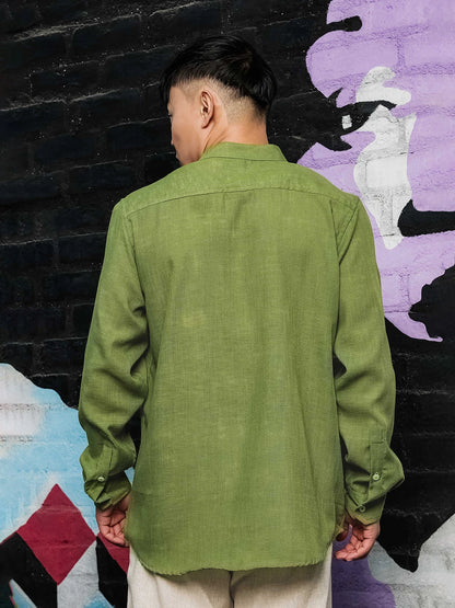 House Of Koala Olive Matcha Linen-Blend Mandarin Collar Relaxed Fit Shirt