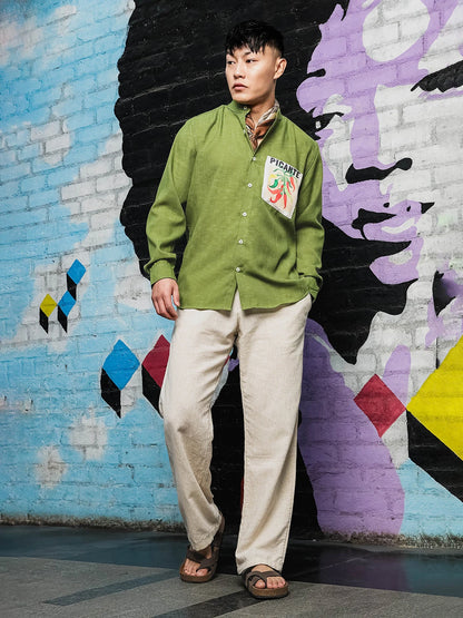House Of Koala Olive Matcha Linen-Blend Mandarin Collar Relaxed Fit Shirt