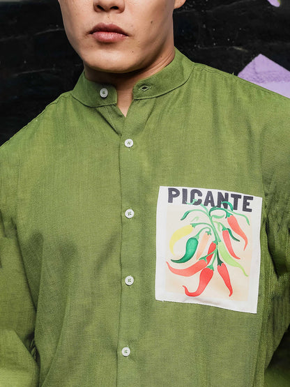House Of Koala Olive Matcha Linen-Blend Mandarin Collar Relaxed Fit Shirt