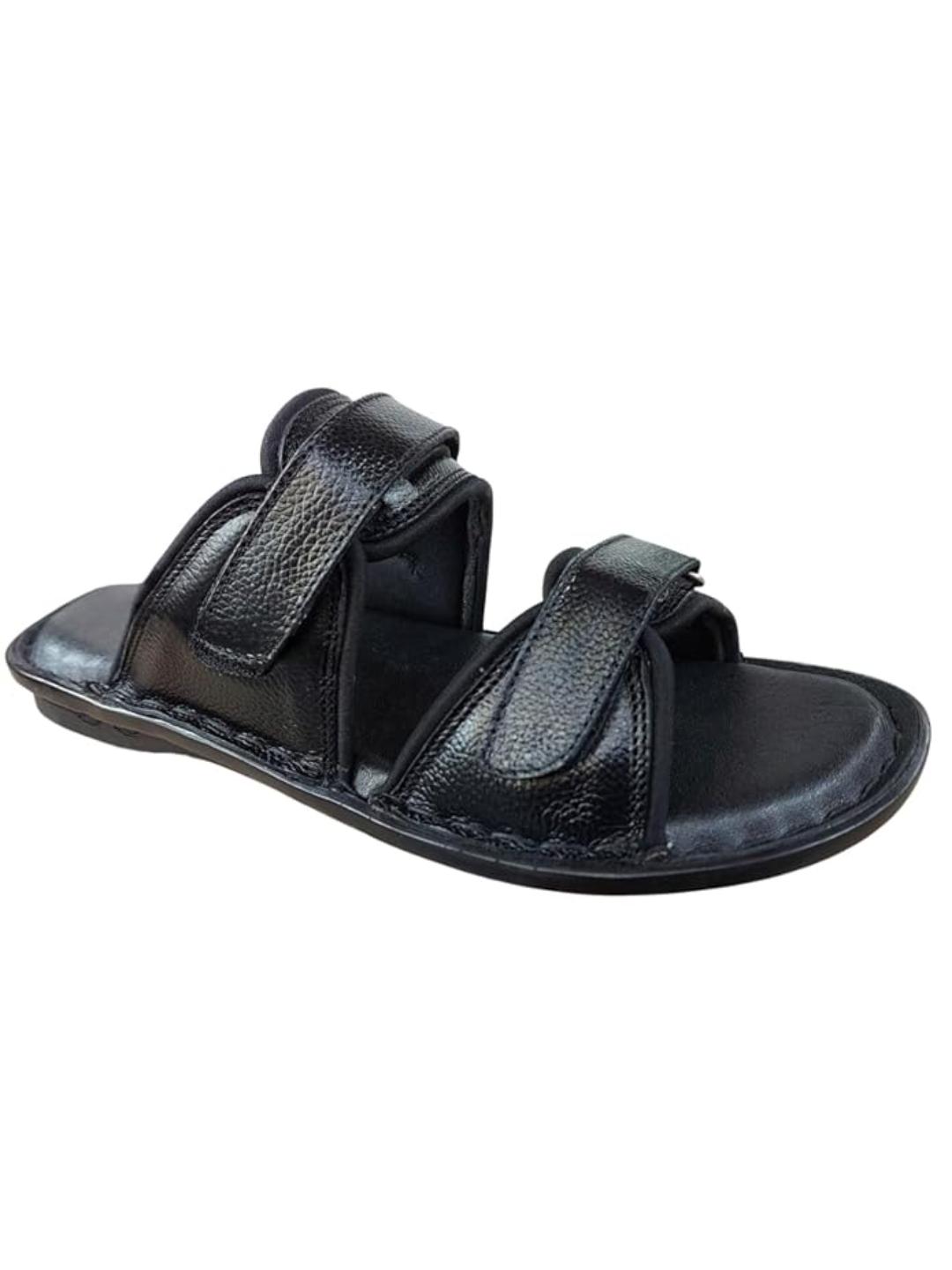 Shoe Bazar Black Genuine Leather Slippers with Velcro for Men
