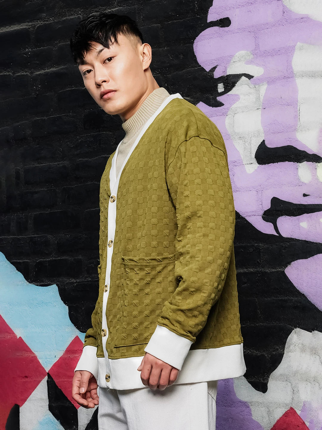 House Of Koala Olive Textured & Self Design V-Neck Knitted Cardigan