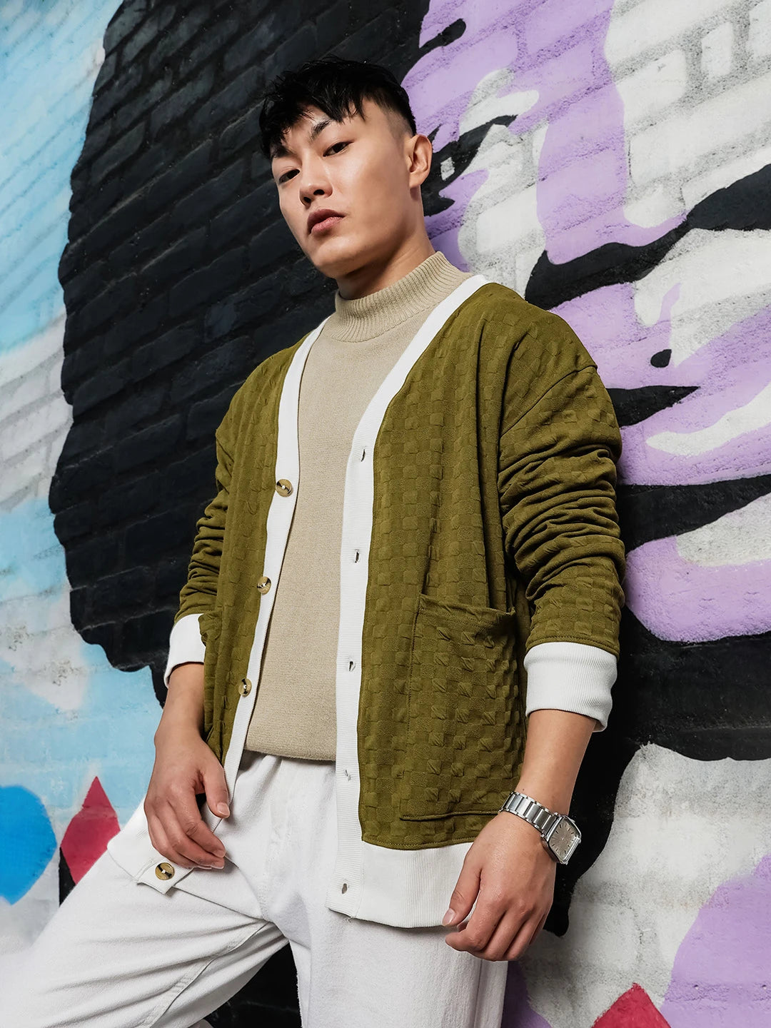 House Of Koala Olive Textured & Self Design V-Neck Knitted Cardigan